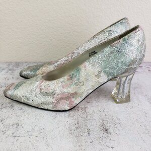 Vintage J Renee Pump Shoes Glass Heels Metallic Lace size 6.5 M Formal Evening